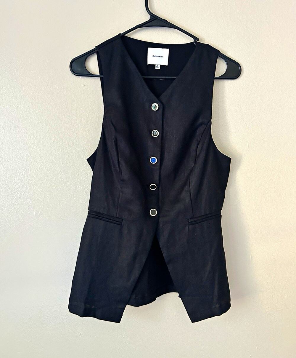 Reformation Black 100% Linen Tailored Vest Top Size 6 Jewel Buttons Back Strap